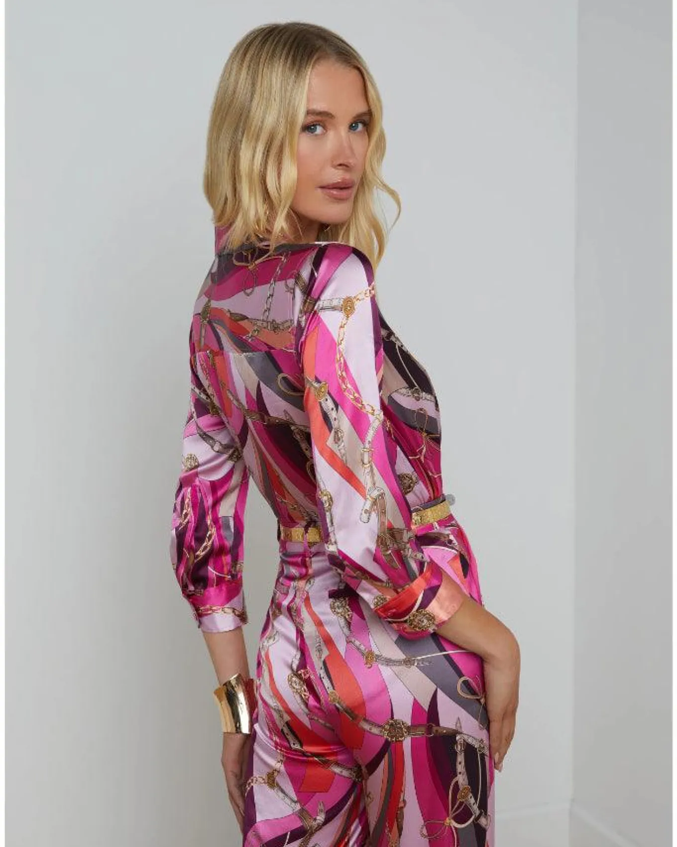 L'Agence Dani Pink Multi Buckle Swirl Print Blouse