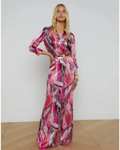 L'Agence Dani Pink Multi Buckle Swirl Print Blouse