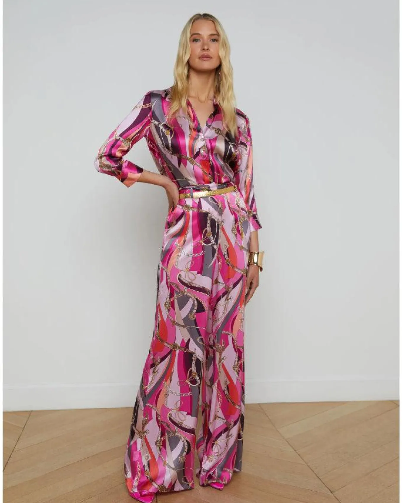 L'Agence Dani Pink Multi Buckle Swirl Print Blouse