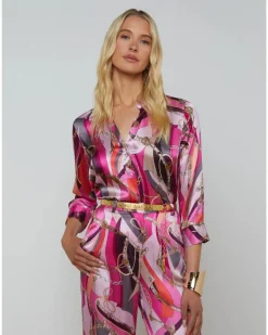L'Agence Dani Pink Multi Buckle Swirl Print Blouse