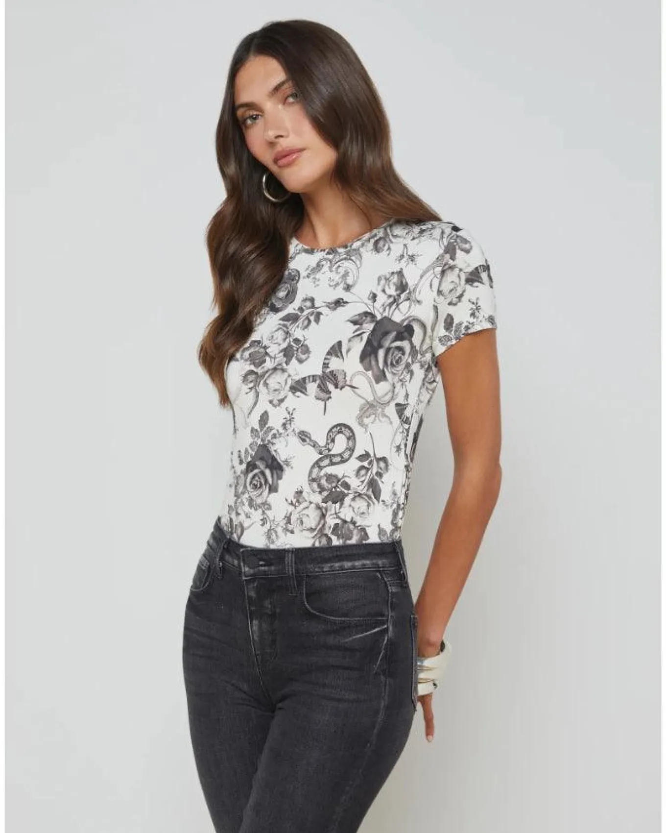 L'Agence Resse Ivory Black Baroque Floral Tee